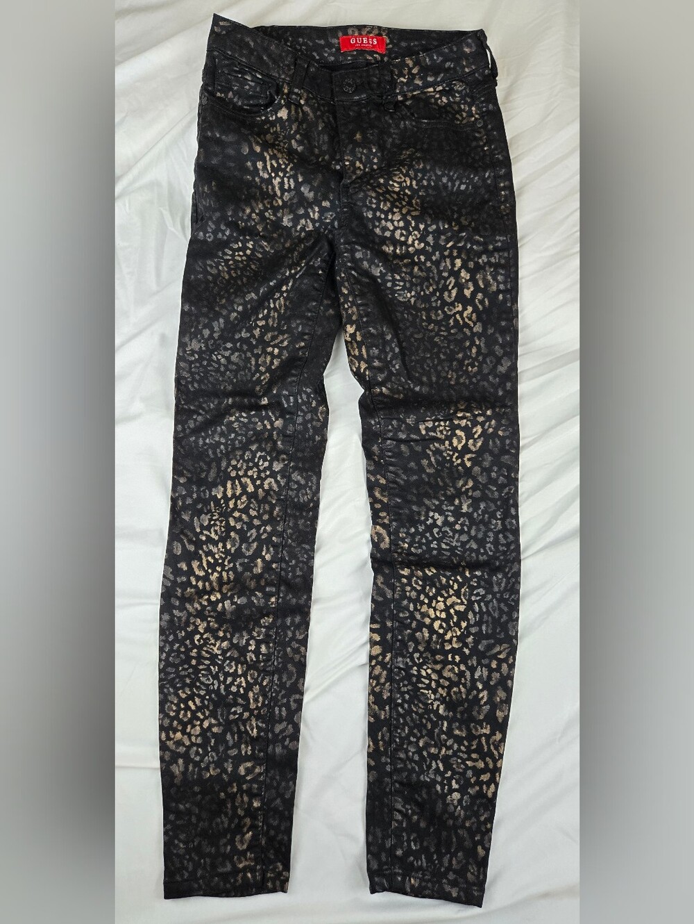 GUESS Los Angeles Women's Skinny Jeans Black Gold Leopard Print Size 26x28